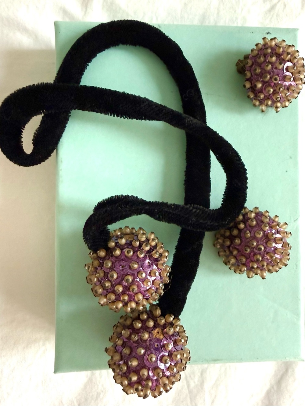 Real Vintage Black Velvet Necklace and matching earrings with Purple Beaded Orbs